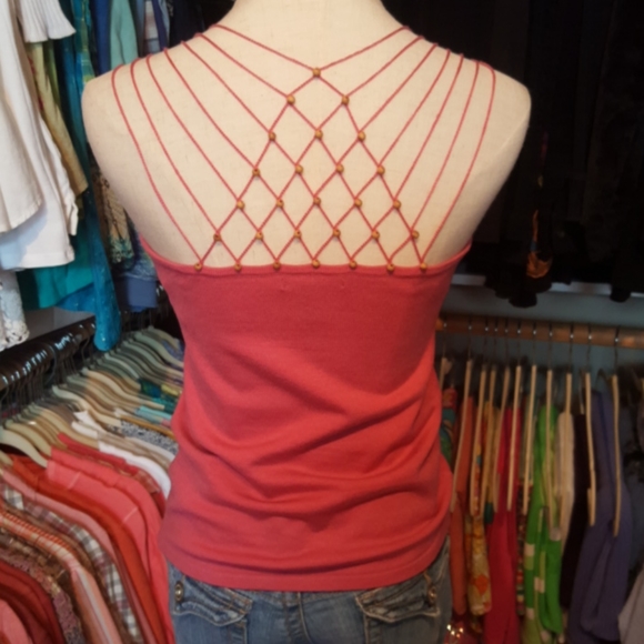 NEW YORK & CO ♡ RARE Vintage Pink Knit Embroidered 'n Beaded Back Design Tank S - Picture 1 of 17